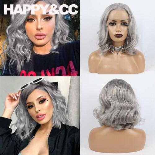 Grey Color Short Hair Nature Wave Synthetic Lace Front Wigs Water Wave Middle Part Hair Line Lace Frontal Wigs for Black Woman