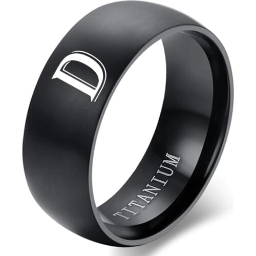 Personalised Initial Men Ring Engrave White A to Z Alphabet Stainless Steel Signet Blank Plain Ring Band Black Tone U.S.Size