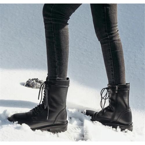 PXELENA Handmade Natural Genuine Leather Real Fur Snow Boots Women Lace Up Low Heels Waterproof Winter Warm Martin Boots Shoes