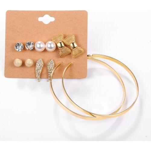 6Pair/Set Ethnic Crystal Rhinestone Stud Earrings For Women Classic Punk Big Metal Ear Studs Simulated-pearl Earrings