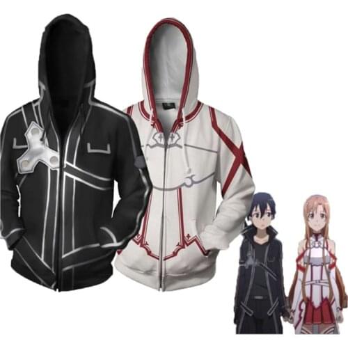 Anime Sword Art Online SAO Hoodie Kirito Kirigaya Kazuto Yuuki Asuna 3D Print Sweatshirt Hoodies Zipper Jacket Cosplay Costume