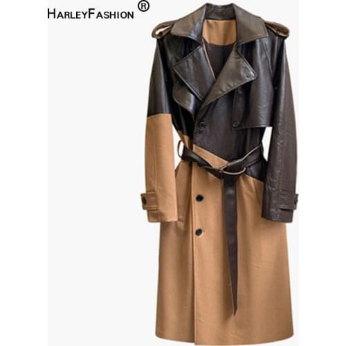 2020 Autumn And Winter New Style Womens Long Sleeve Patchword Adjustable Waist Loose Casual Mid-length Trench Coat