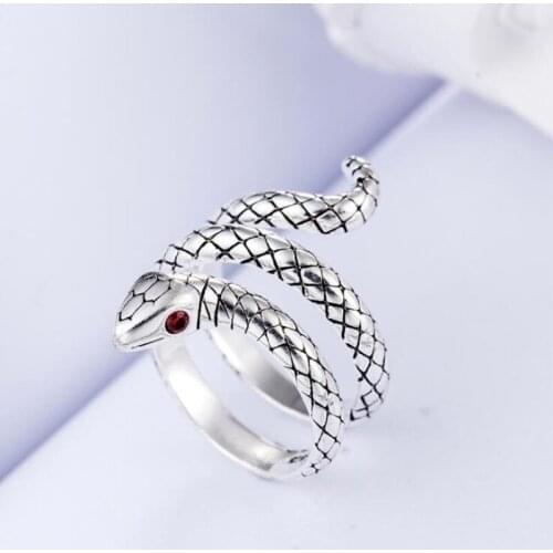 Vintage Thai Silver Domineering Zircon Cobra Animal Open Rings for Women Men Punk Hip hop Style Couple Rings Party Jewelry SR286