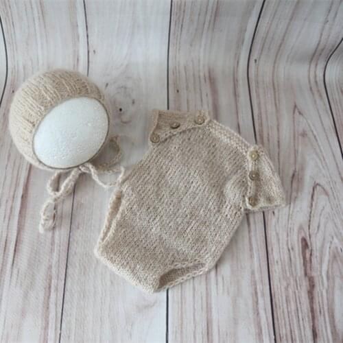 Vintage Knitted Beige Baby Romper Set Pattern Newborn Hat Prop Knit Baby Clothes Bonnet Girls or Boys Outfit Infant Overall Prop