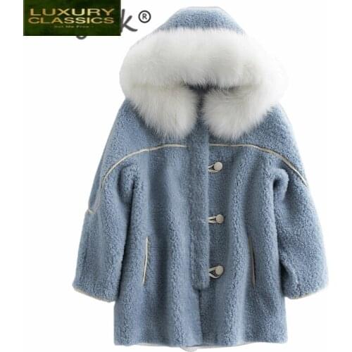 Fur Coat Female Real Winter Women Clothes 2021 Korean Thick Warm Sheep Shearing Jacket + Large Fox Fur Hooded V18F38720