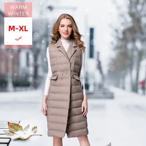 Women Fashion White Duck Down Long Vest Female ultra Light Warm Sleeveless Down Coat Turn-down Collar Jacket Single Breasted
