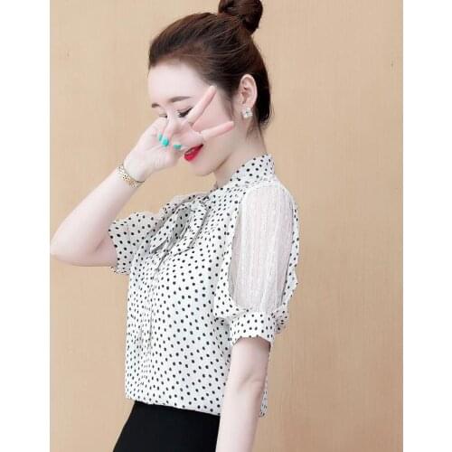 Women Spring Summer Style Chiffon Blouses Shirts Lady Casual Short Sleeve Bow Tie Collar Polka Dot Printed Blusas Tops ZZ0509