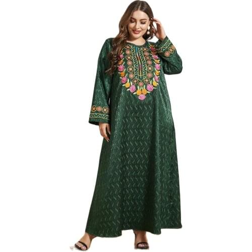 Abaya Dantel Large Womens Round Neck Long Sleeve National Heavy Industry Flower Embroidery Ramadan Robe Muslim Dress Mc2008