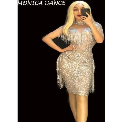 Women Sexy Stage Mesh See Through Fringes Dress Birthday Celebrate Perspective Dress Evening Party Sleeveless Tassel Dresses