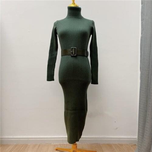 2021 New Autumn Winter Knitted Dress with Belt Pink High Waist Basic Long Sleeve Sheath Bodycon Sexy Midi Sweater Dress Female