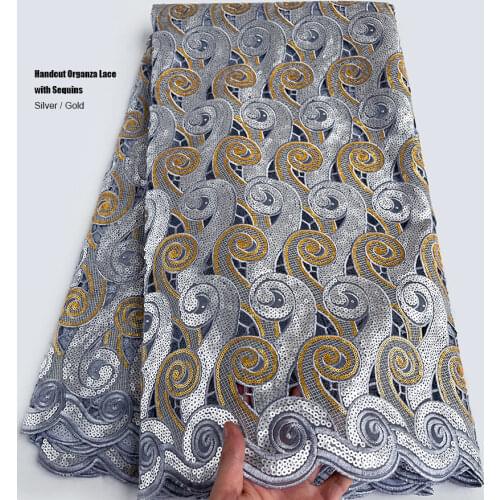Gold Silver Lurex Embroidered African Handcut Organza Lace Fabric with Sequins Nigerian Ghana Gambia Modern Sewing Dress 5 yards