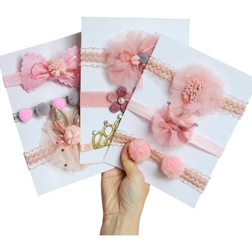 3 Pcs/Set Lace Flower Baby Headband Crown Bows Hairband Girl Turban Elastic Baby Hair Band Newborn Baby Hair Accessories