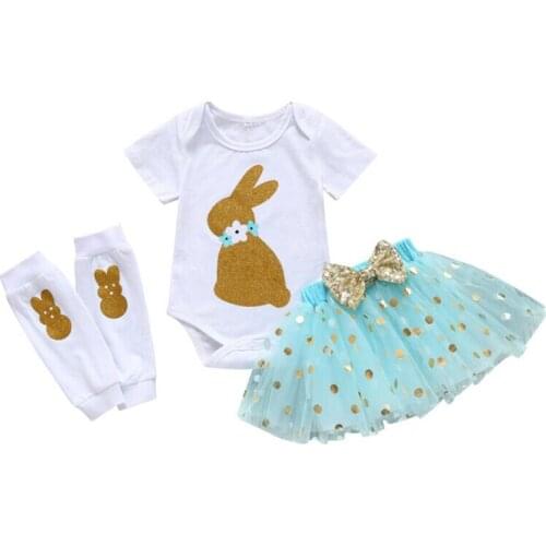 4PCS Baby Girl Easter Rabbit Romper Bodysuit Bowknot Polka Dots Skirt Clothes