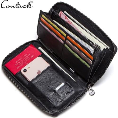 CONTACTS 2020 genuine leather men clutch for 6.5"cell phone man long wallet passport holders with zipper coin pocket male purse