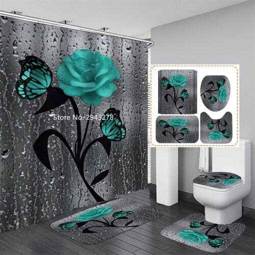 Black Flower Series Design Shower Curtain Floor Mat Toilet Mat Waterproof and Mildewproof Washable Bathroom Decoration with Hook