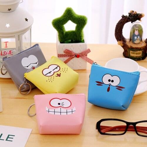 DL Korean cartoon keychain with Mini Wallet Leather Coin Bag student children funny expression learning stationery