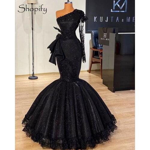 Long Black Evening Dress 2020 Mermaid Style Single Long Sleeve One Shoulder Glittery African Women Formal Gowns