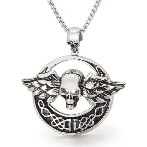 European and American retro personality Angel Wings Mummy Skull Mens Titanium Steel Pendant