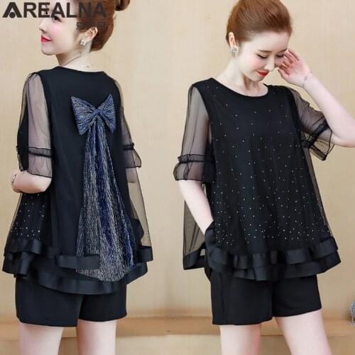Summer Womens Suit two piece set lace Mesh bow blouse Shorts Matching Female Sets Plus Size 2 piece set women Trendy Clothes
