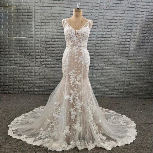 Hot Selling V Neck Backless Sleeveless Mermaid Bridal Dress Wedding Gown