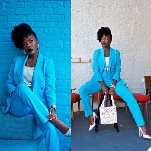 Fashion Womens Blazer Solid Blue Casual Custom Made Jacket Pants Suit Streetwear Chic Photography 2 Piece Set