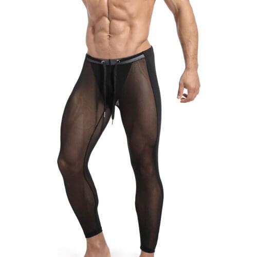 Men Long Pants Thin Nylon Transparent Sexy Underwear Men Tight Legging Long Johns Skinny Fitness Riding Sleep Bottoms