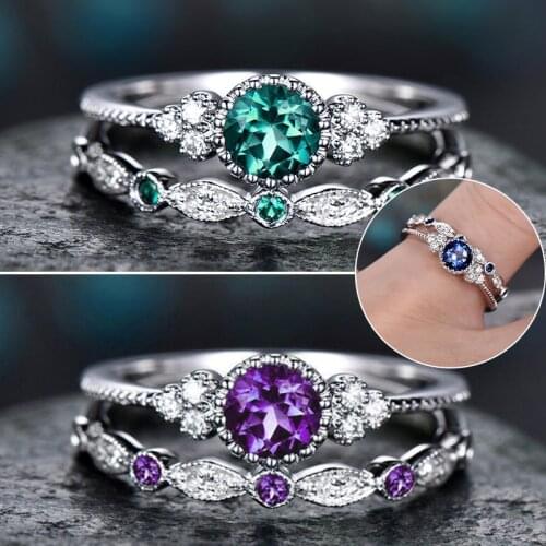 5 Colors Stackable Double Rings Sets For Women Round Green Blue Zircon Stone Engagement Female Valentines Day Ring