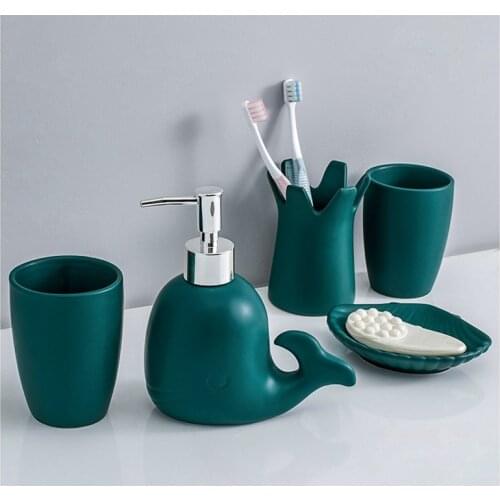 Bathroom Ceramic Five-piece Set Whale Dolphins Shape Wash Supplies Kit Rinsing Cup+ Toothbrush Holder + Lotion Bottle+Soap Dish