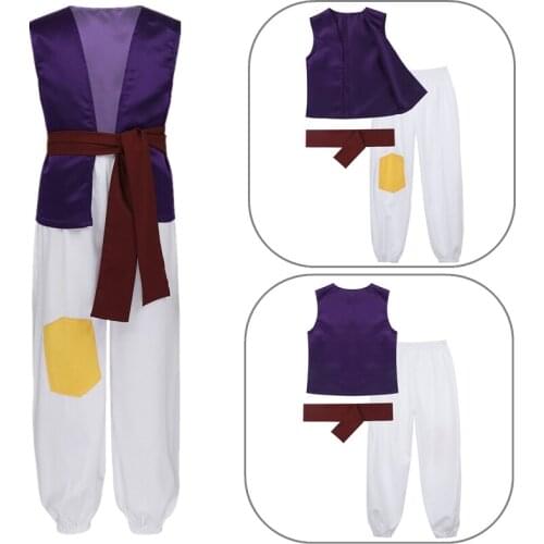 Kid Boys Arabian Prince Fancy Party Costume Outfit Vest Tops with Pants Belt Set for Halloween Carnival Themed Party Clothes
