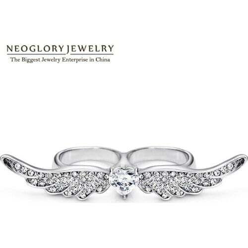 Neoglory Brazil AAA Zircon Rhinestone Angle Love Wings Rings for Two Fingers Women Wedding Party Fashion Jewelry 2020 CLE