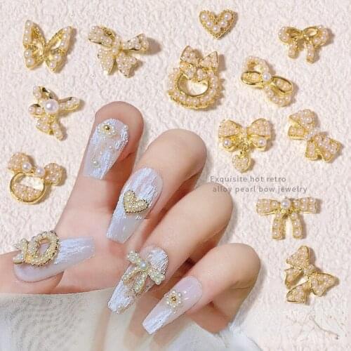New Nail Art Pearl Alloy Jewelry Japanese Bow Tie Nail Decoration Diamond Pendant Nail Jewelry 10Pcs