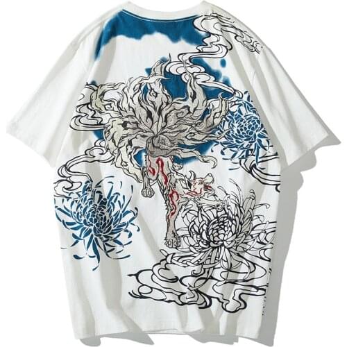 2020 New Arrival Sale O-neck Cotton T Shirt Tshirt Homme Hip Hop Nine Tail Embroidery Chrysanthemum Fashion Tattoo Short Sleeve