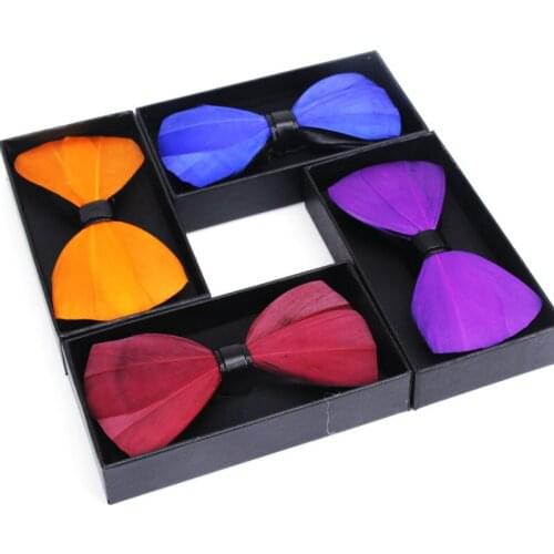 Original New Design Natural Feather Bow tie Exquisite Hand Made Mens BowTie Brooch Pin Gift Box Set for Wedding Solid Butterfly