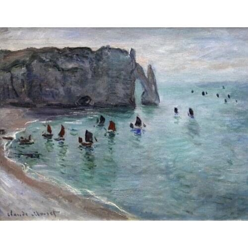 Seascape canvas painting scenery masterpiece Etretat the Aval door fishing boats leaving the harbour c.1885 Claude Monet