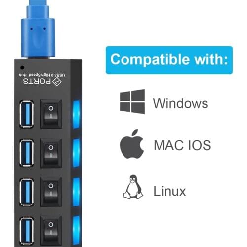 7 Ports USB Hub Expander Comprehensive Compatible High Speed Multi Independent Switch AC Power For Mouse U Disk Keyboard