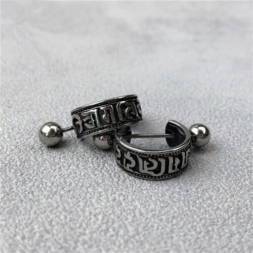 Personality Silver Color Mantra Stud Earrings for Men Women Party Earrings Fashion Jewelry Buddhist Jewelry Fashion Earrings