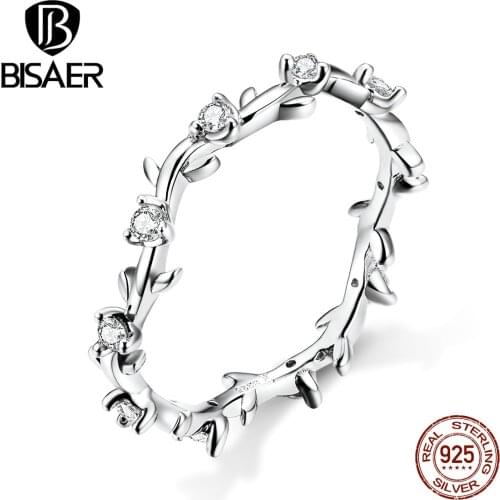 Stackable Leaf Rings BISAER Hot Sale 925 Sterling Silver Tree Leaves Leaf Finger Rings for Women Luxury Silver Jewelry ECR625