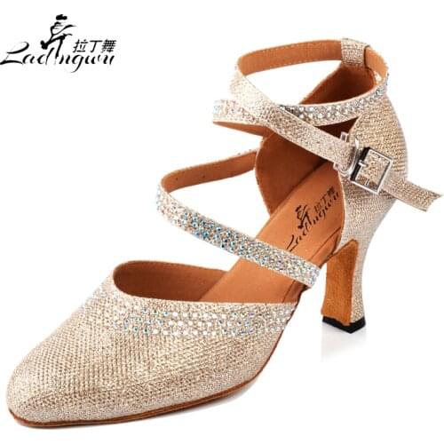Ladingwu Golden/Silver New Flash Cloth Collocation Shine Rhinestone Ballroom Dance Competition Shoes Women Latin Dance Shoes