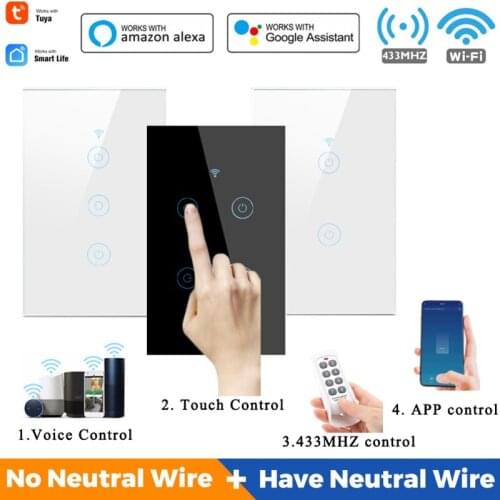 New 1/2/3/4 Gang WiFi 433MHZ Smart Touch Switch Home Wall Button Tuya Smart Life App Work With Alexa Google Home US Standard
