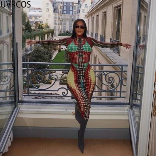 UVRCOS Summer Women Dress 2021 New Fashion Multi Color Patchwork Skinny Print Dot Turtleneck High Street Stretch Females Dress