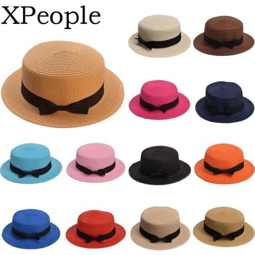 XPeople Womens Mini Straw Boater Hat Fedora Panama Flat Top Ribbon Summer Children Girls Straw Bowler Derby Hat