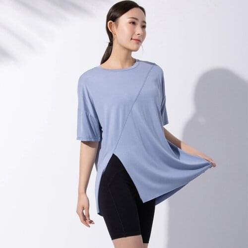 2021 Summer New Hem Split Fork Bandage Design Women Sports Short-Sleeve T Shirts Loose Quick-Drying Yoga T-Shirt Fitness Top