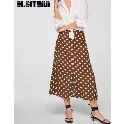 New 2020 Women Vintage Dot Print Skirt Button Design Pockets A line Ladies Casual Summer Medium and Long Section Skirts SK396