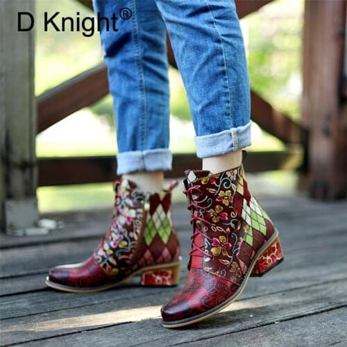 Women Boots Fashion Lace Up Ankle Boots Shoes For Woman Vintage Color Block Female Lady Thick High Heels Western Boots Handmade