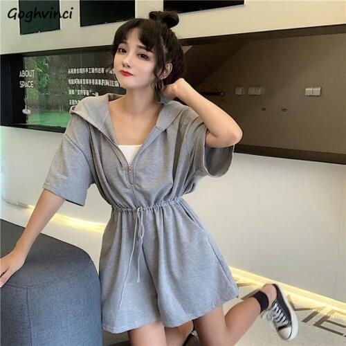 Rompers Women Hooded Solid Zip-up Sashes Elastic-Waist Oversize Plus Size 2XL Casual Popular Korean Simple Chic Soft Streetwear