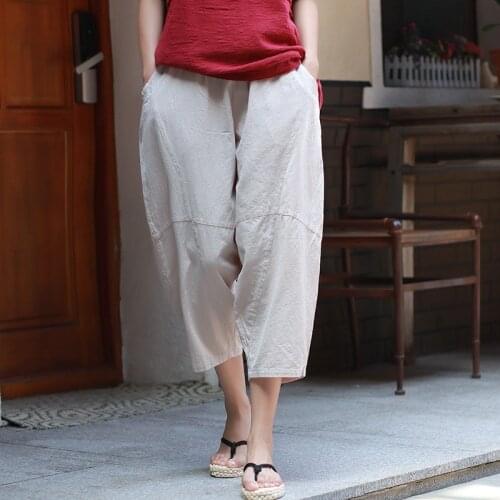 Women Summer Loose Cotton Linen Pants Ladies Elastic Waist Vintage Retro Patchwork Flax Pants Trousers Female Solid Color Pants