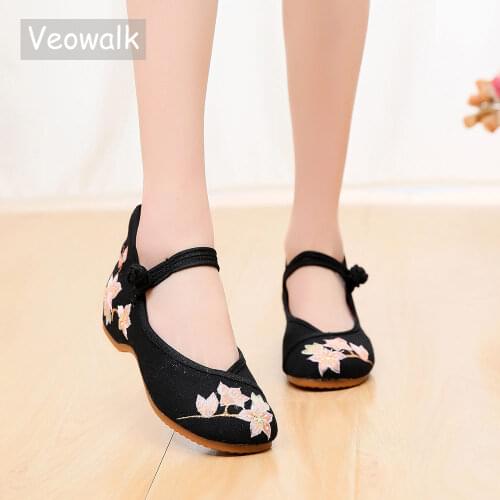Veowalk Ankle Strap Women Flower Embroidered Canvas Ballet Flats Elegant Ladies Casual Cotton Ballerinas Chinese Style Shoes