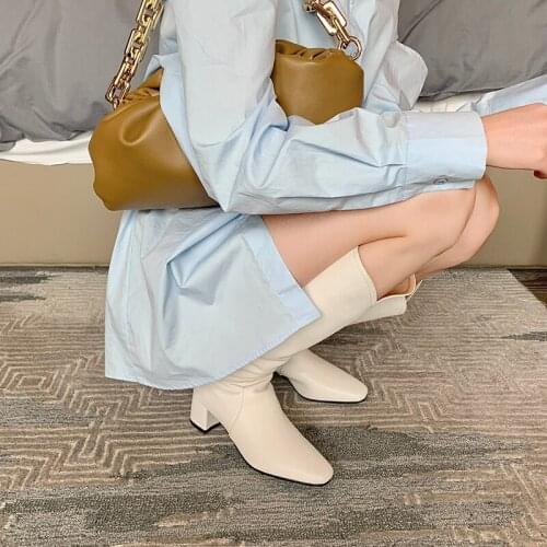 MEZEREON Fashion Western Boots Split Leather Thigh High Boots Square Toe Ladies Winter Shoes With Zipper New Arrival