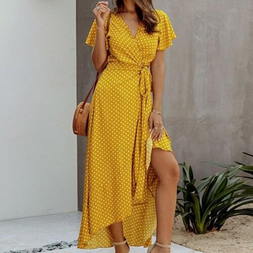 Women Polka Dot Sexy V Neck Ruffles Short Sleeve Holiday Long Beach Sundress Ladies Lace Up Wrap Party Dresses Summer Maxi Dress