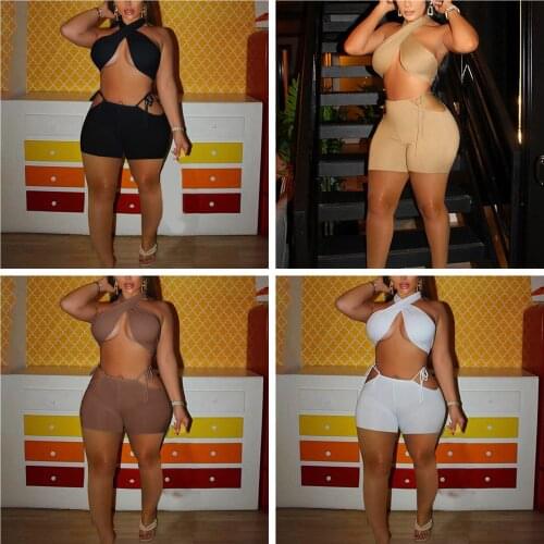 2Pcs Women Summer Outfit Solid Color Cross Halter Neck Crop Tops + Tied Hollow-Out Shorts for Girls 3 Colors